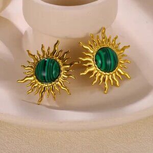 Malachite Sunburst 18K Gold Stainless Steel Earrings